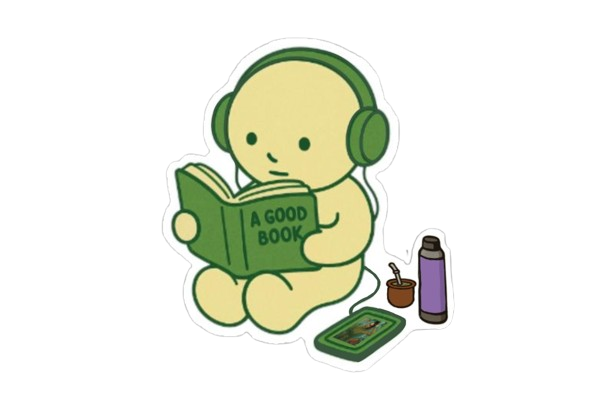 Muñeco verde tomando mate y leyendo