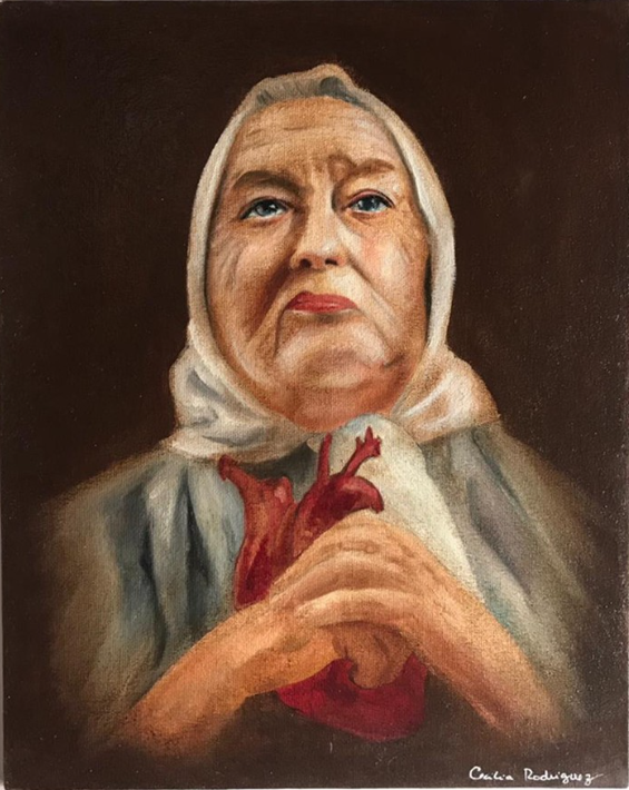Pintura de Hebe de Bonafini con corazón en las manos